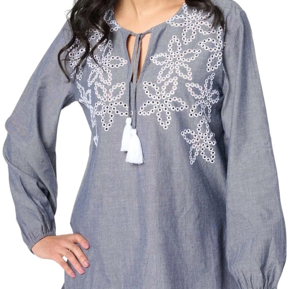 Dennis Basso Chambray Tunic with Eyelet Orange Embroidery - Picture 7 of 7
